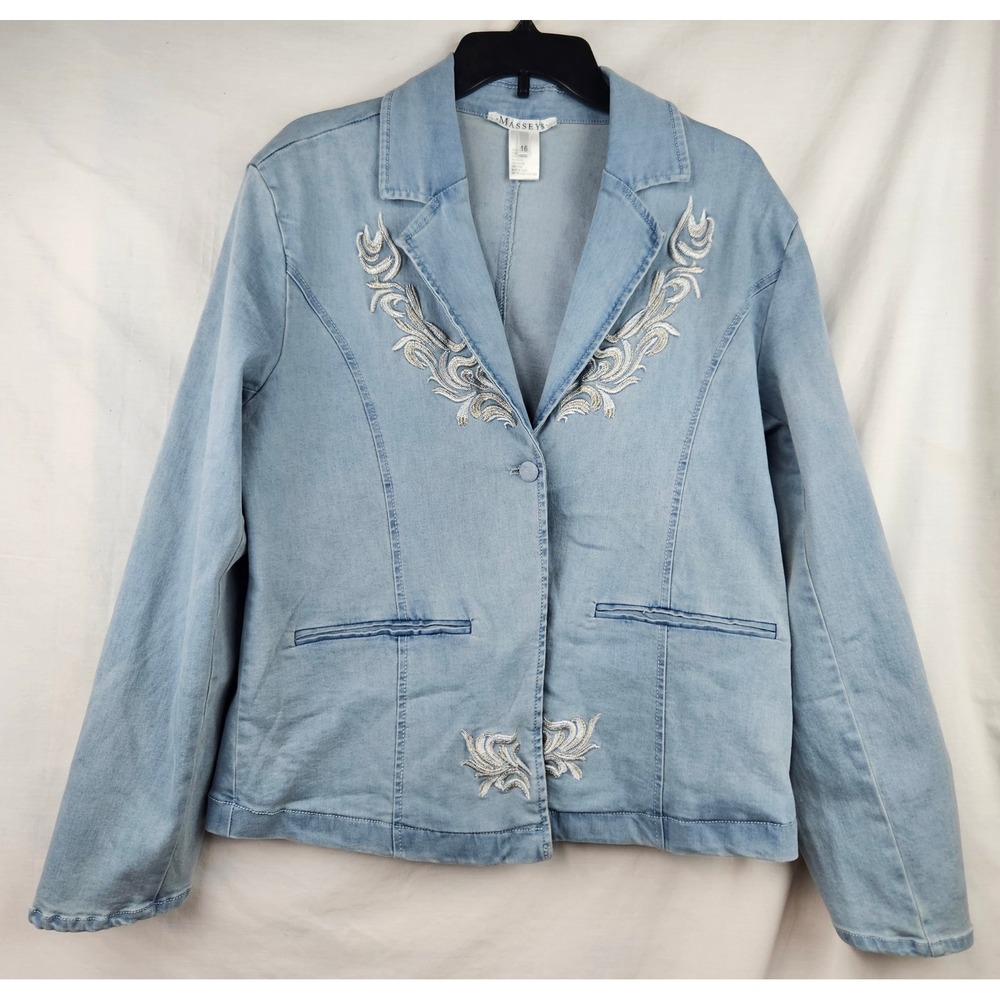 Masseys Light Wash Denim Blazer Embroidered Jacket‎ Sz 16 Western Festival